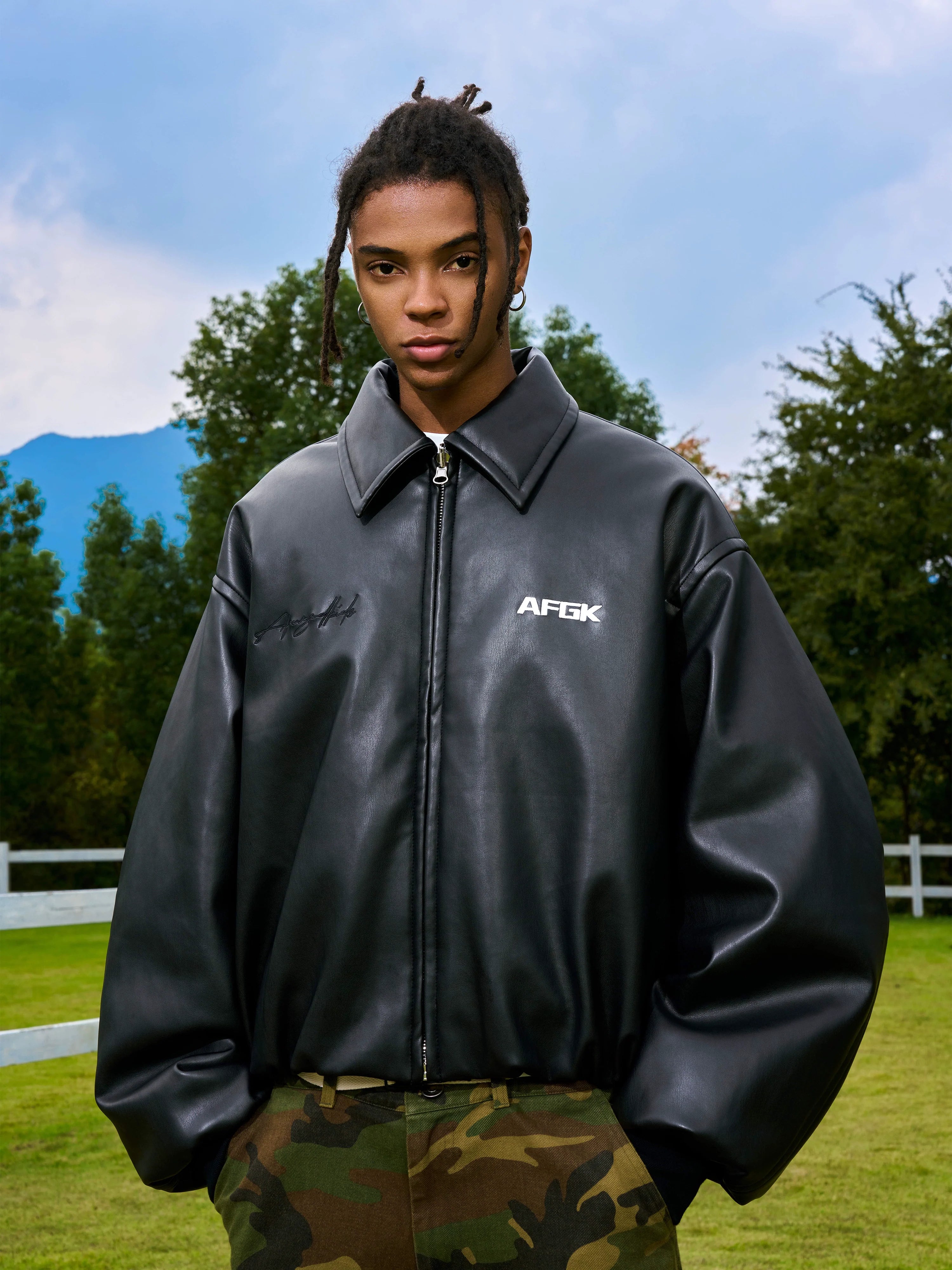AFGK Embroidered Leather Short Bomber Jacket