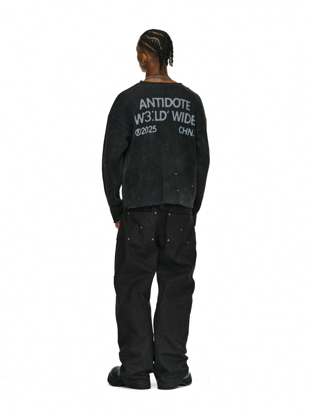 ANTIDOTE Striped Texture Washed Ink Splash Knit Sweater