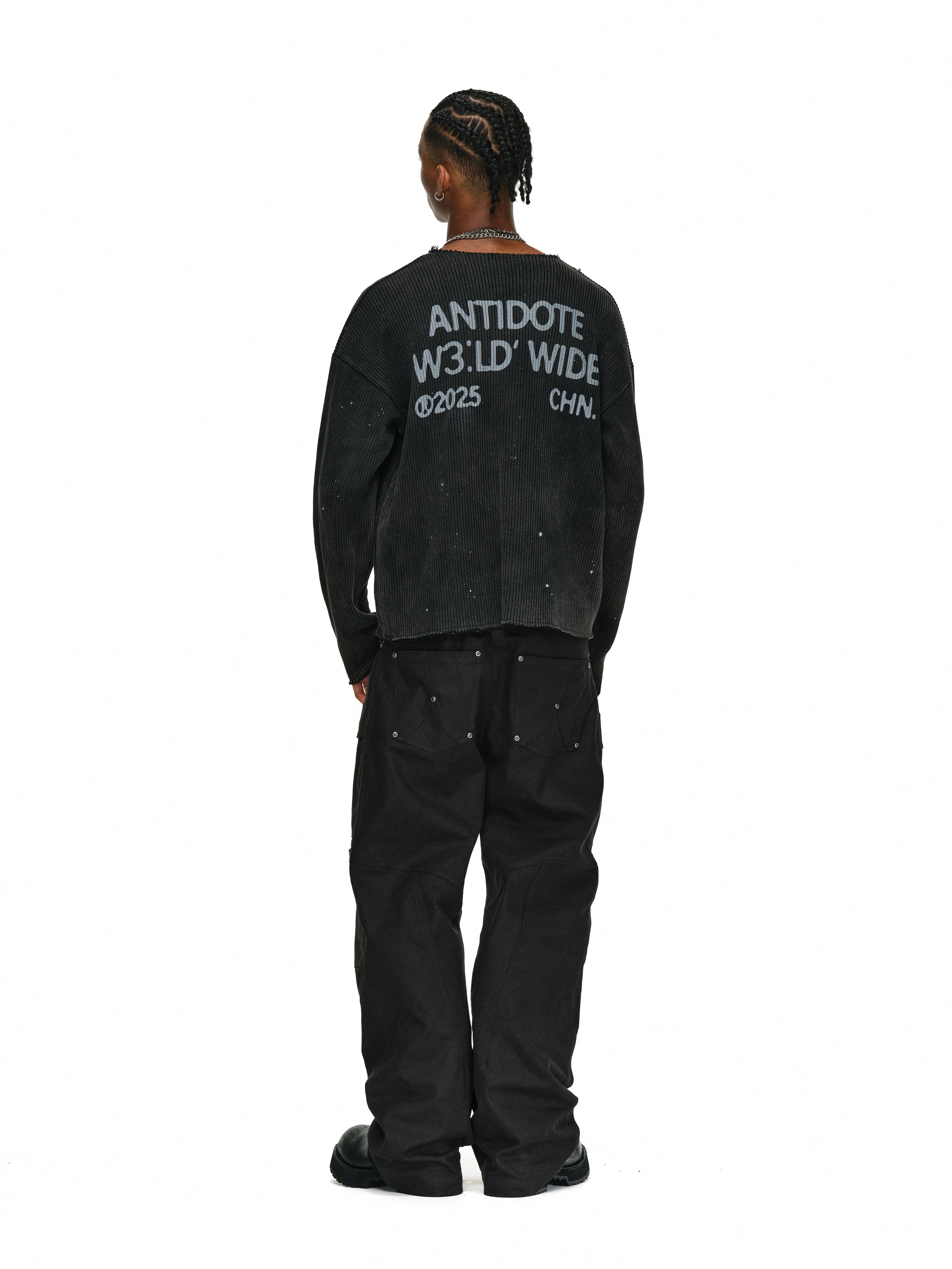 ANTIDOTE Striped Texture Washed Ink Splash Knit Sweater