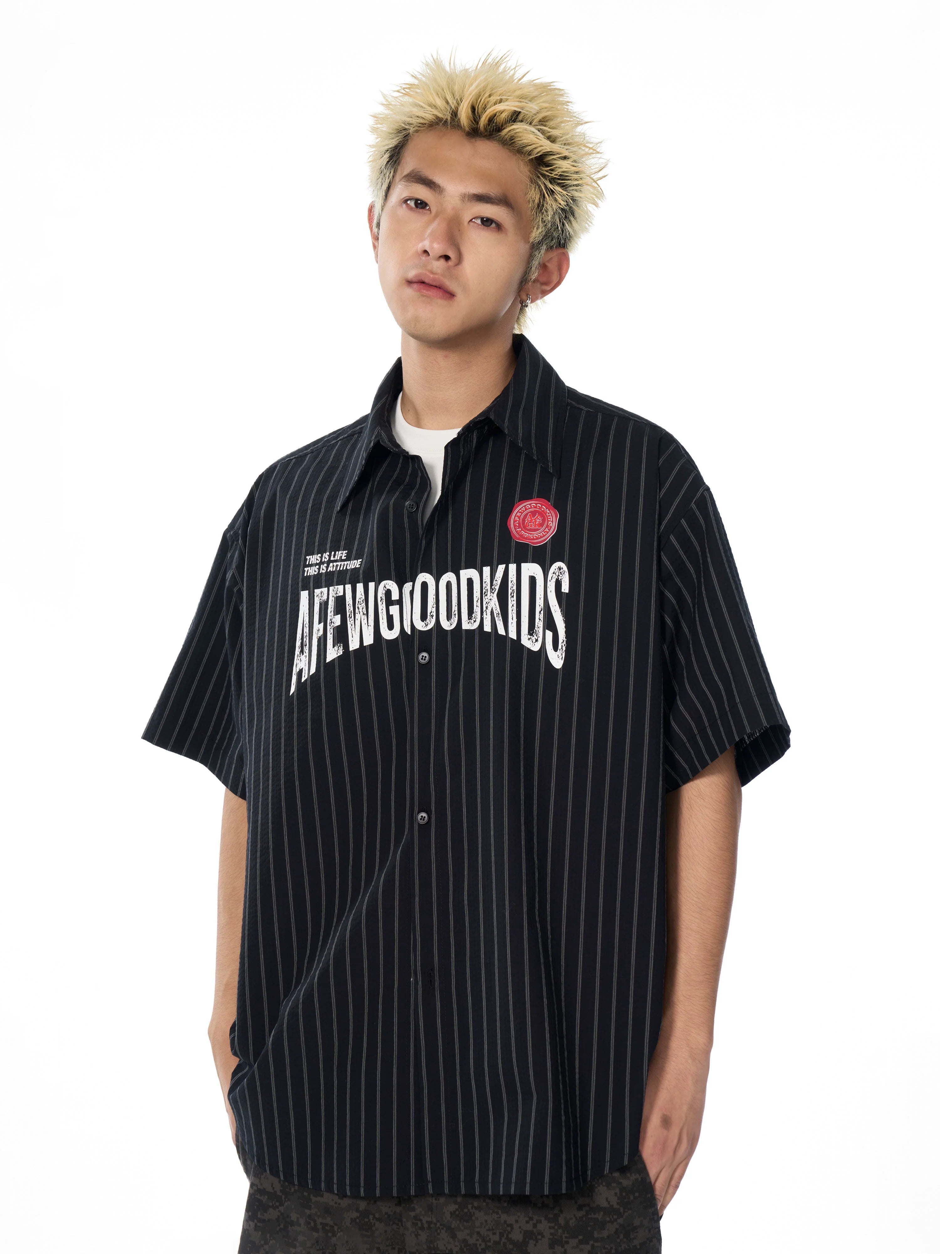 AFGK Striped Logo Print Short Sleeve Shirt