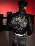 KARMANISTIC Graphic Embroidered Leather Short Bomber Jacket