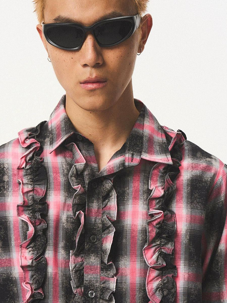 EMPTY REFERENCE Lace Plaid Pink Long Sleeve Shirt