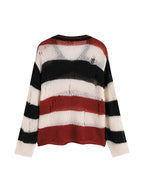 EVILKNIGHT(EK) Striped Colorblocking Distressed V-Neck Knit Sweater