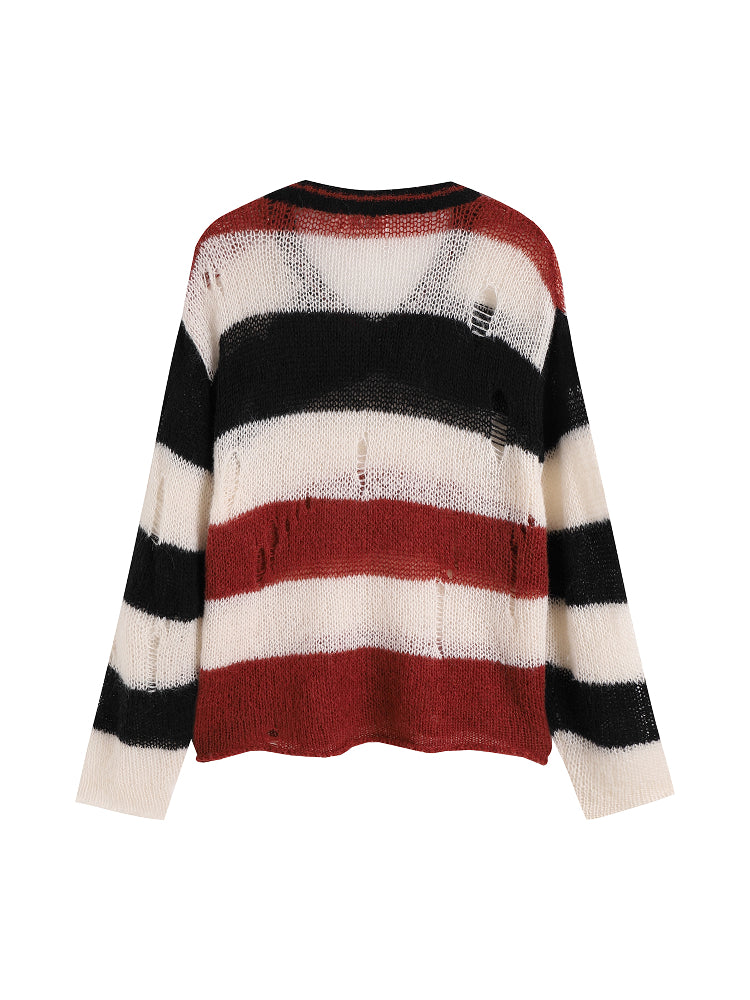EVILKNIGHT(EK) Striped Colorblocking Distressed V-Neck Knit Sweater