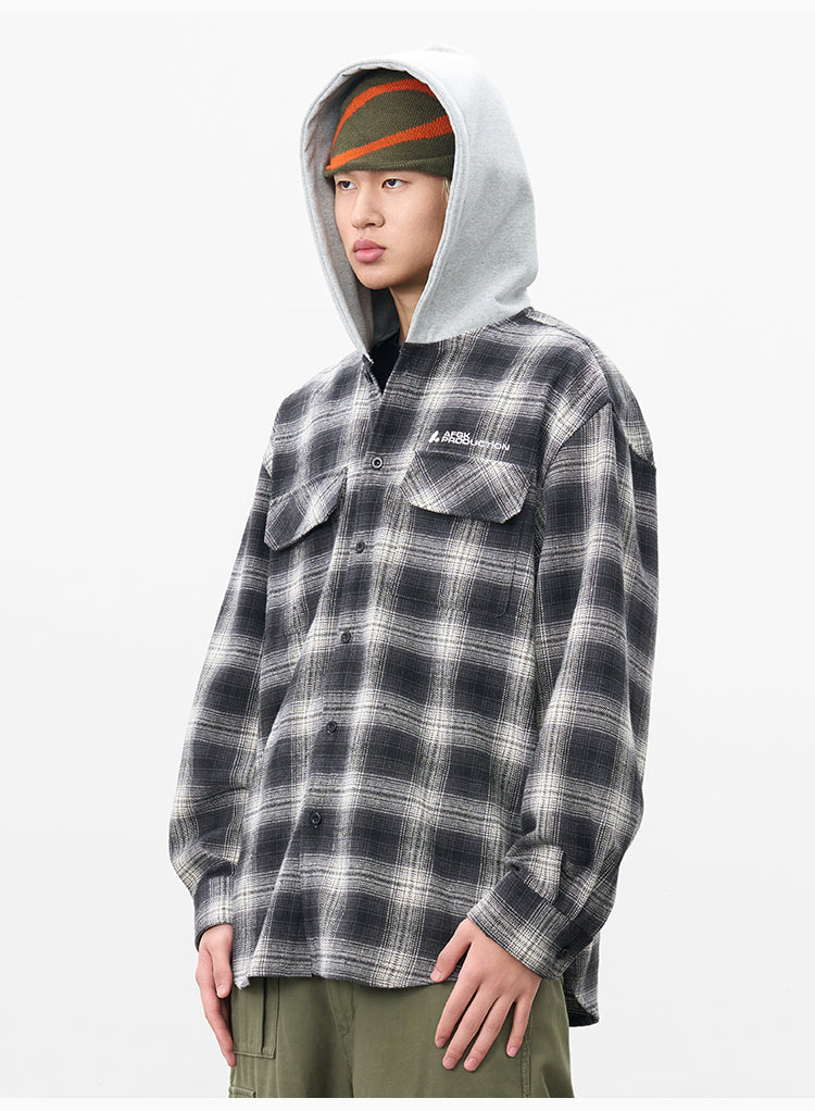 AFGK Plaid Embroidered Hooded Long Sleeve Shirt