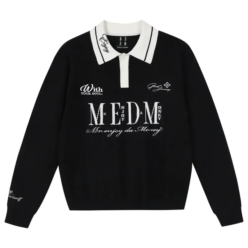 MEDM Color Blocked Long Sleeve Knit Polo Sweater