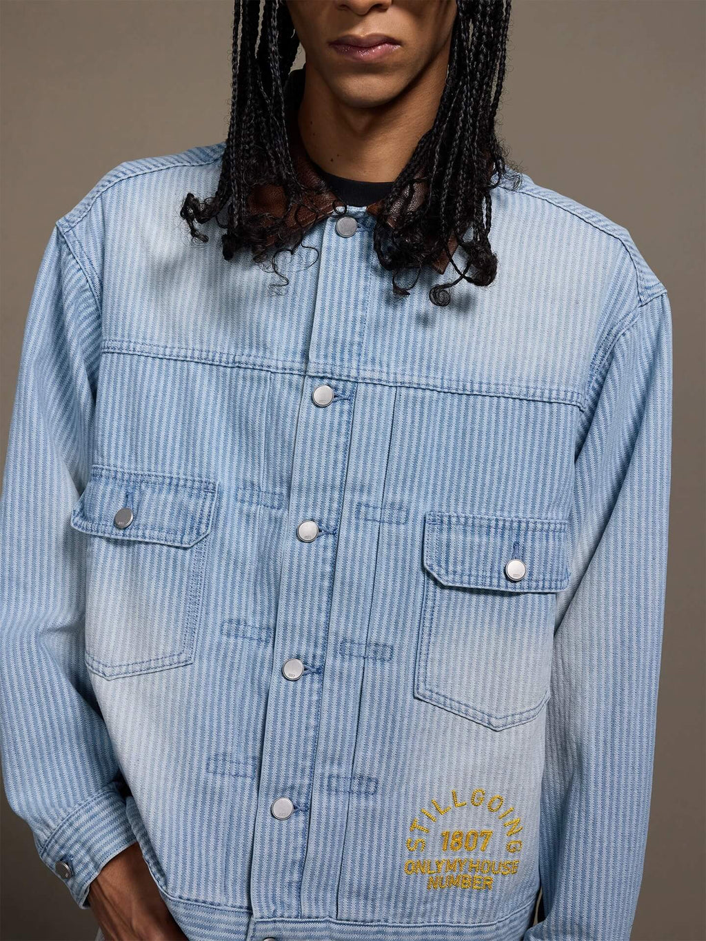 1807 Chain Stitch Embroidered Striped Washed Denim Jacket