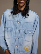 1807 Chain Stitch Embroidered Striped Washed Denim Jacket