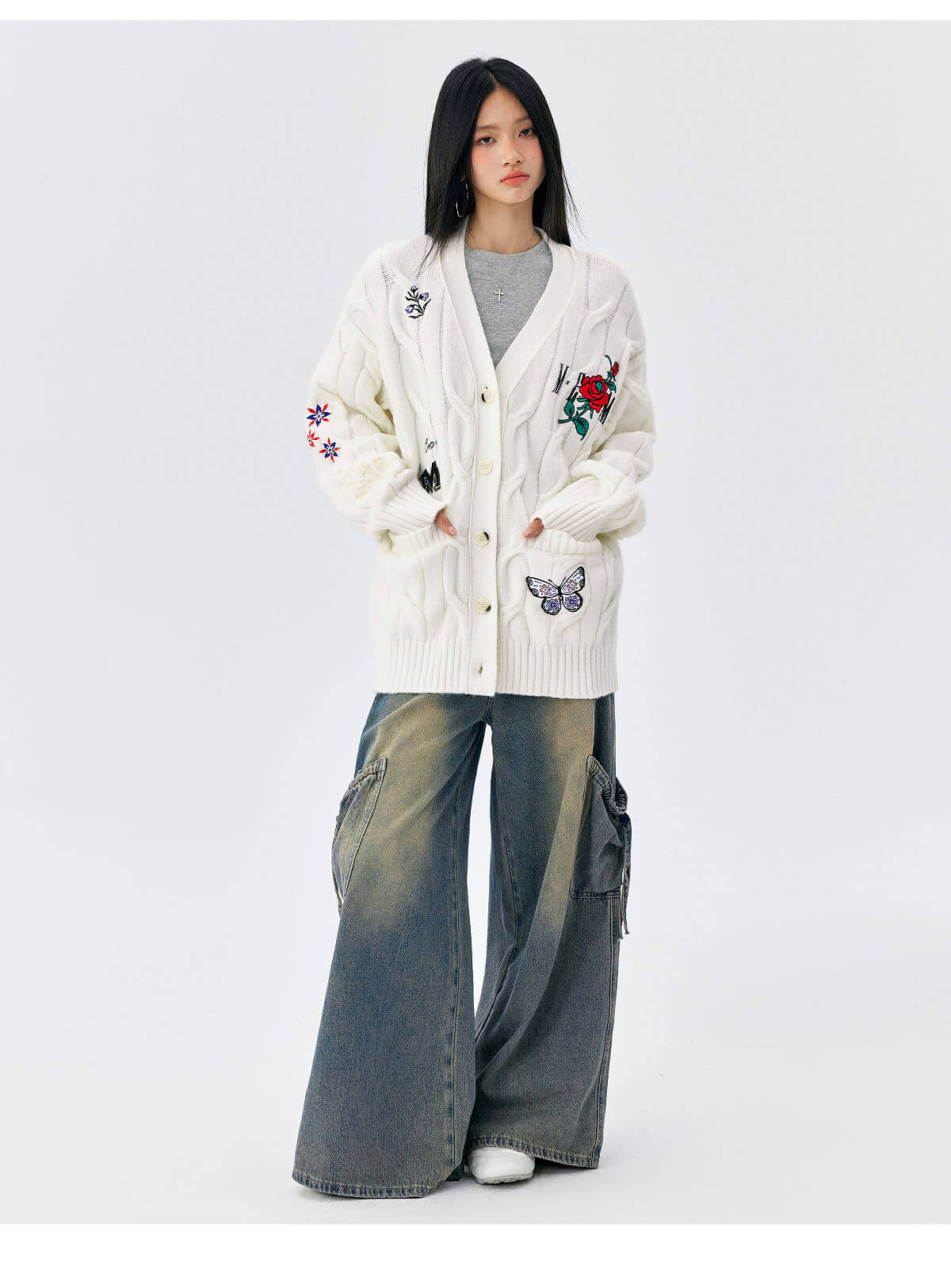 MEDM Floral Butterfly Embroidered Cable Knit Cardigan