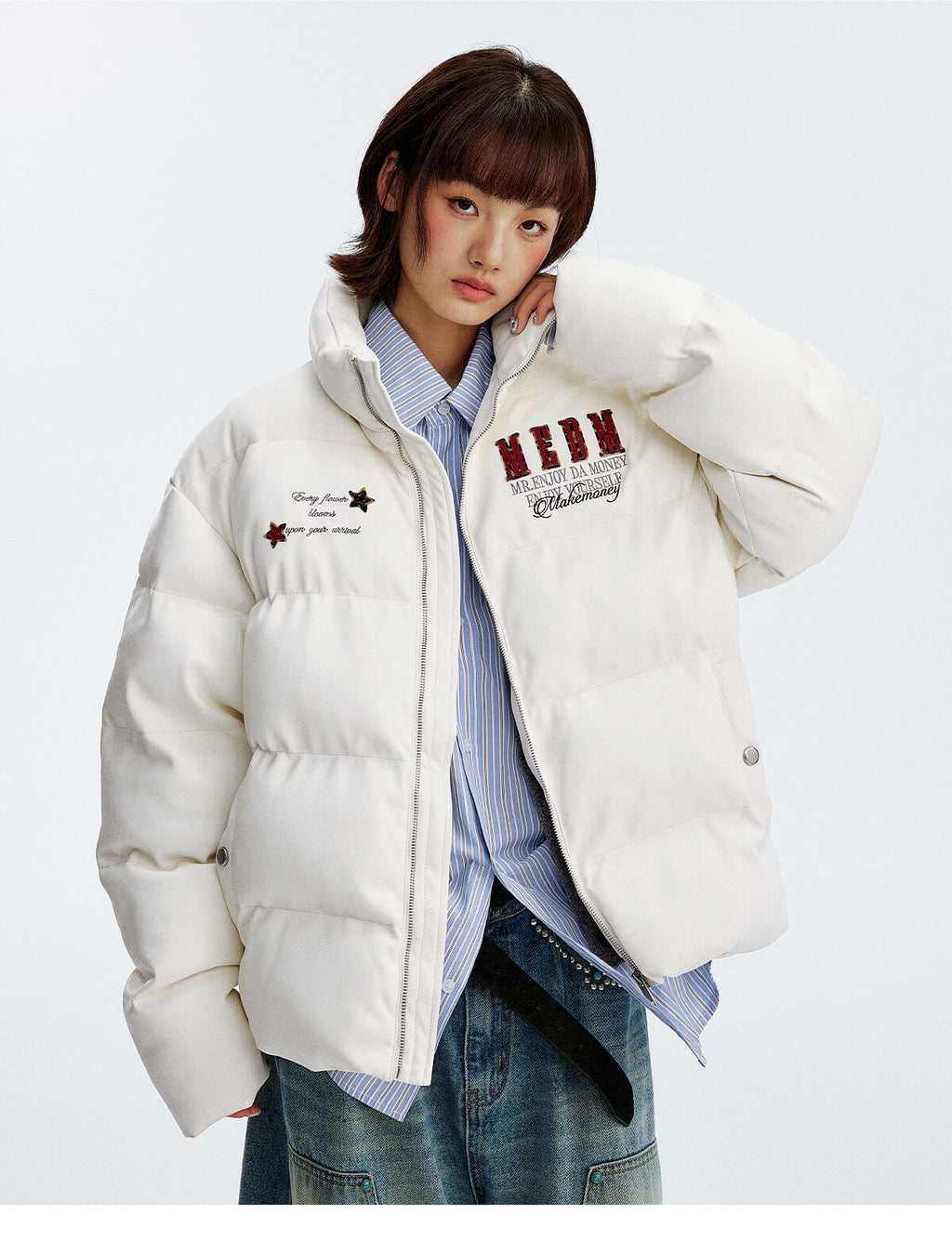 MEDM Leopard Patch PU Leather Puffer Jacket