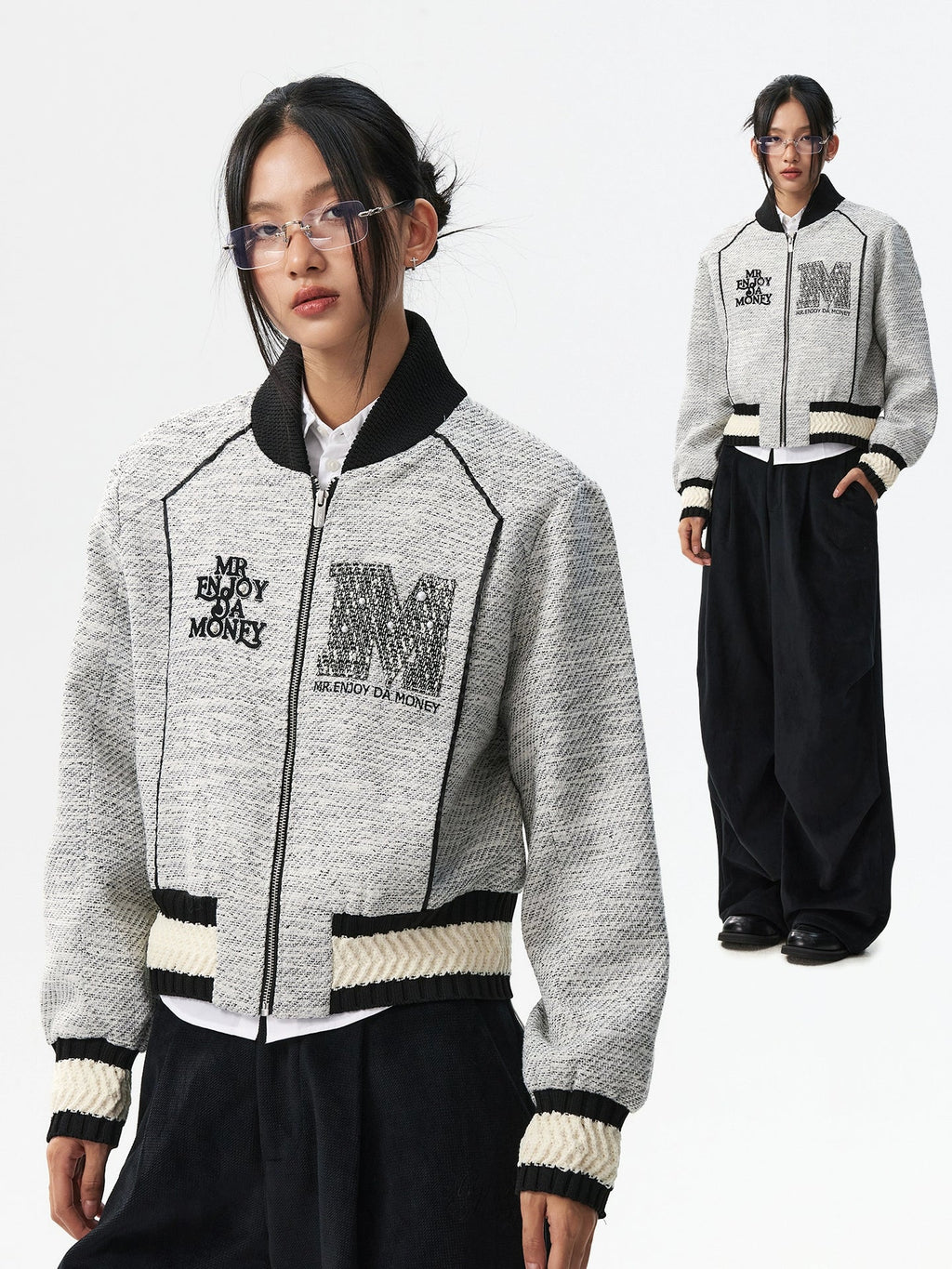 MEDM Pearl Tweed Short Varsity Jacket
