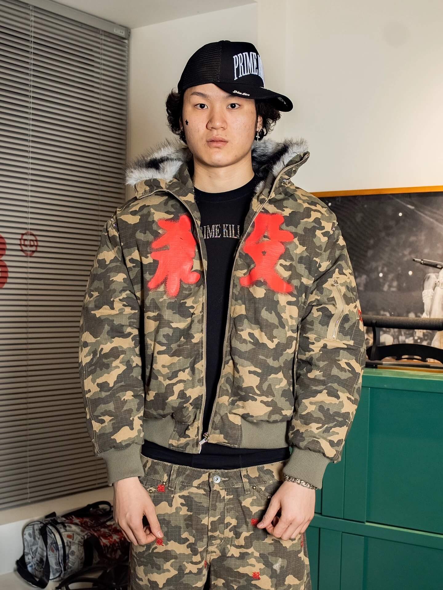 TGFCLUB Washed Camo Studded Faux Fur Hooded Jacket