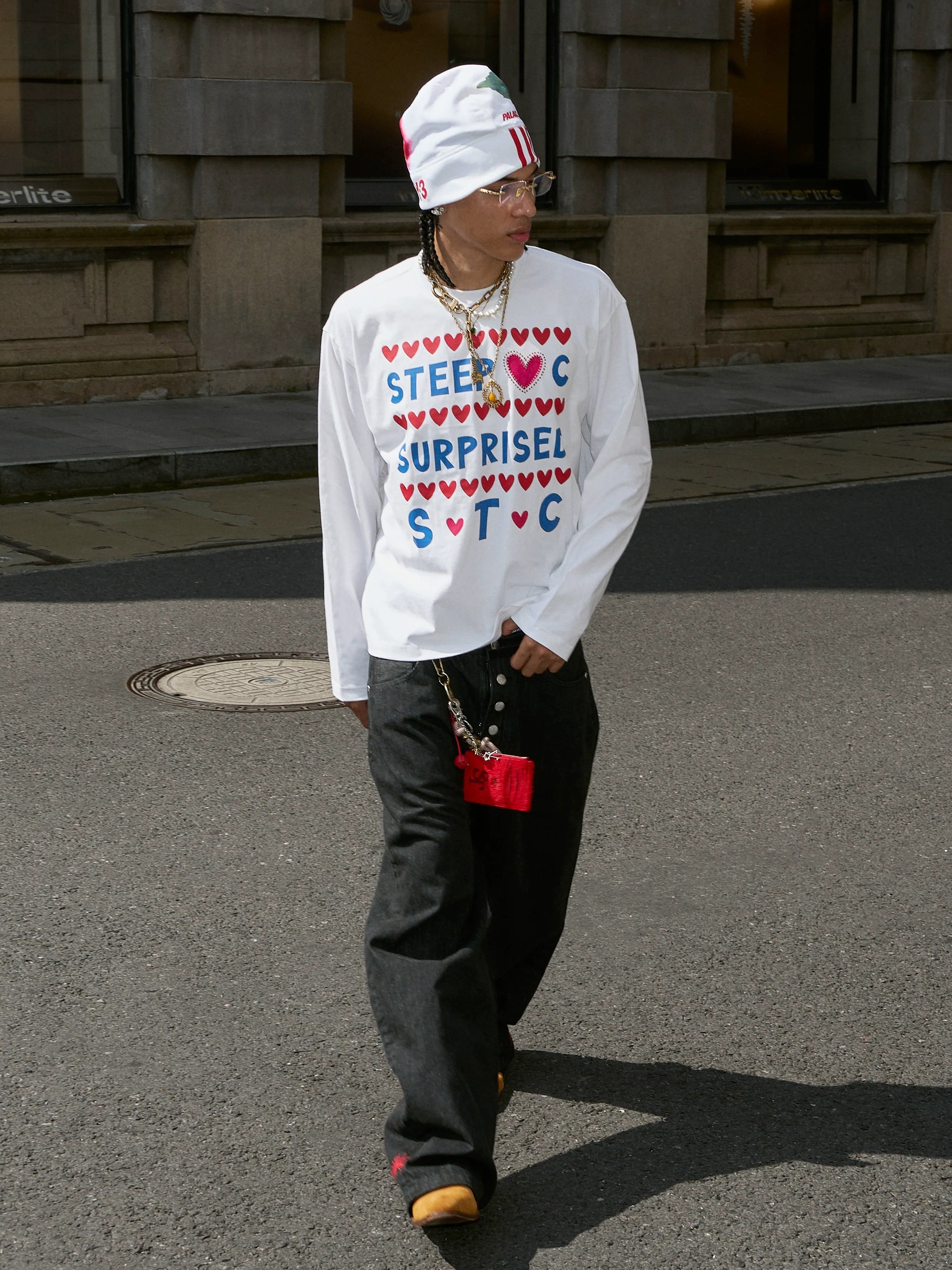 STEEPC Hand Stitched Heart Print Long Sleeve Tee
