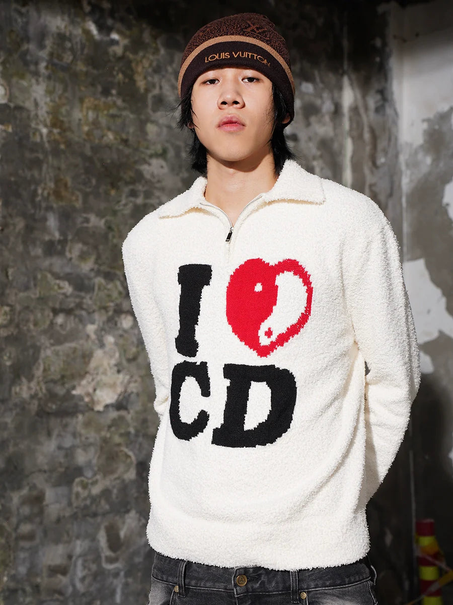 TGFCLUB I LOVE CD Half Zip Fleece Knit Sweater