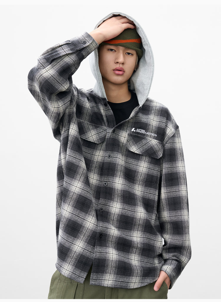 AFGK Plaid Embroidered Hooded Long Sleeve Shirt