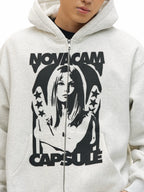 NOVACAM Vintage Print Zip Up Hoodie