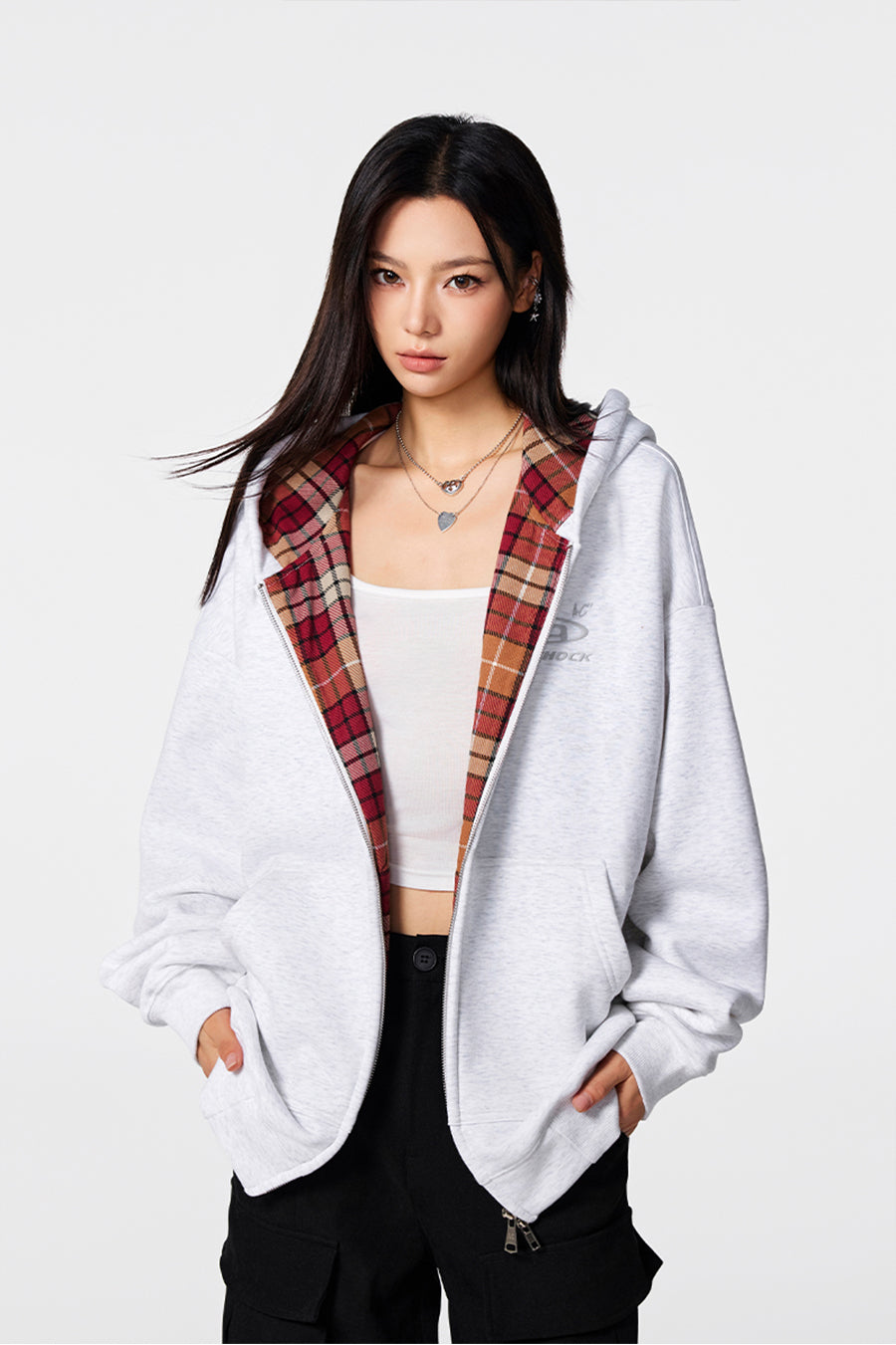 Achock Logo Embroidery Plaid Lining Zip Up Hoodie
