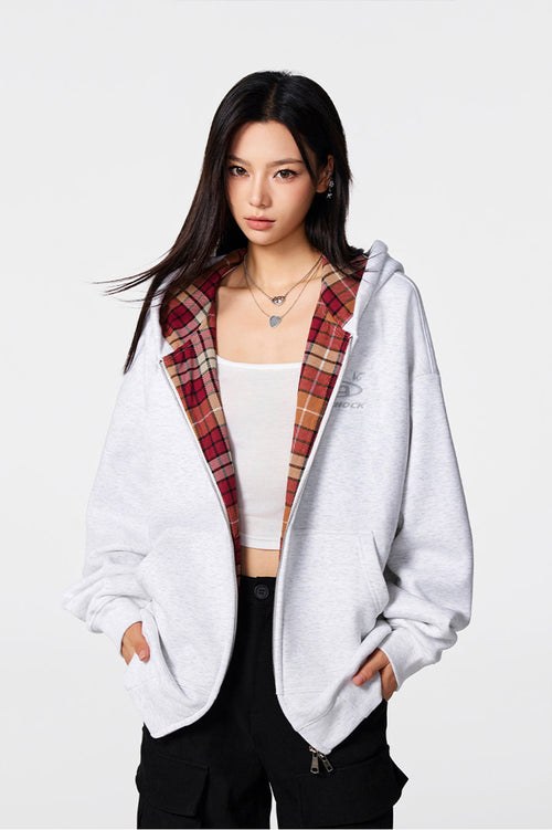 Achock Logo Embroidery Plaid Lining Zip Up Hoodie