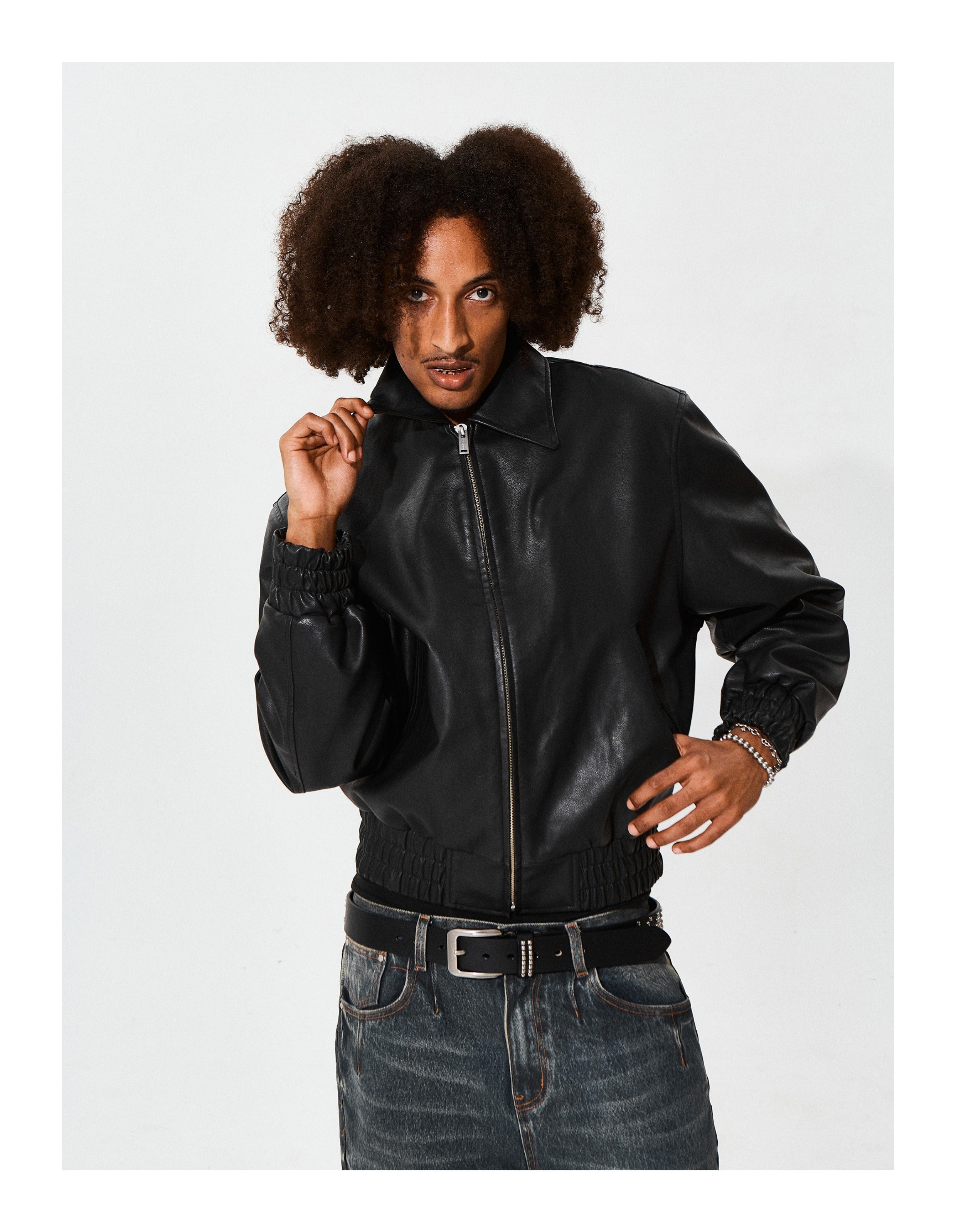 KARMANISTIC Graphic Embroidered Leather Short Bomber Jacket