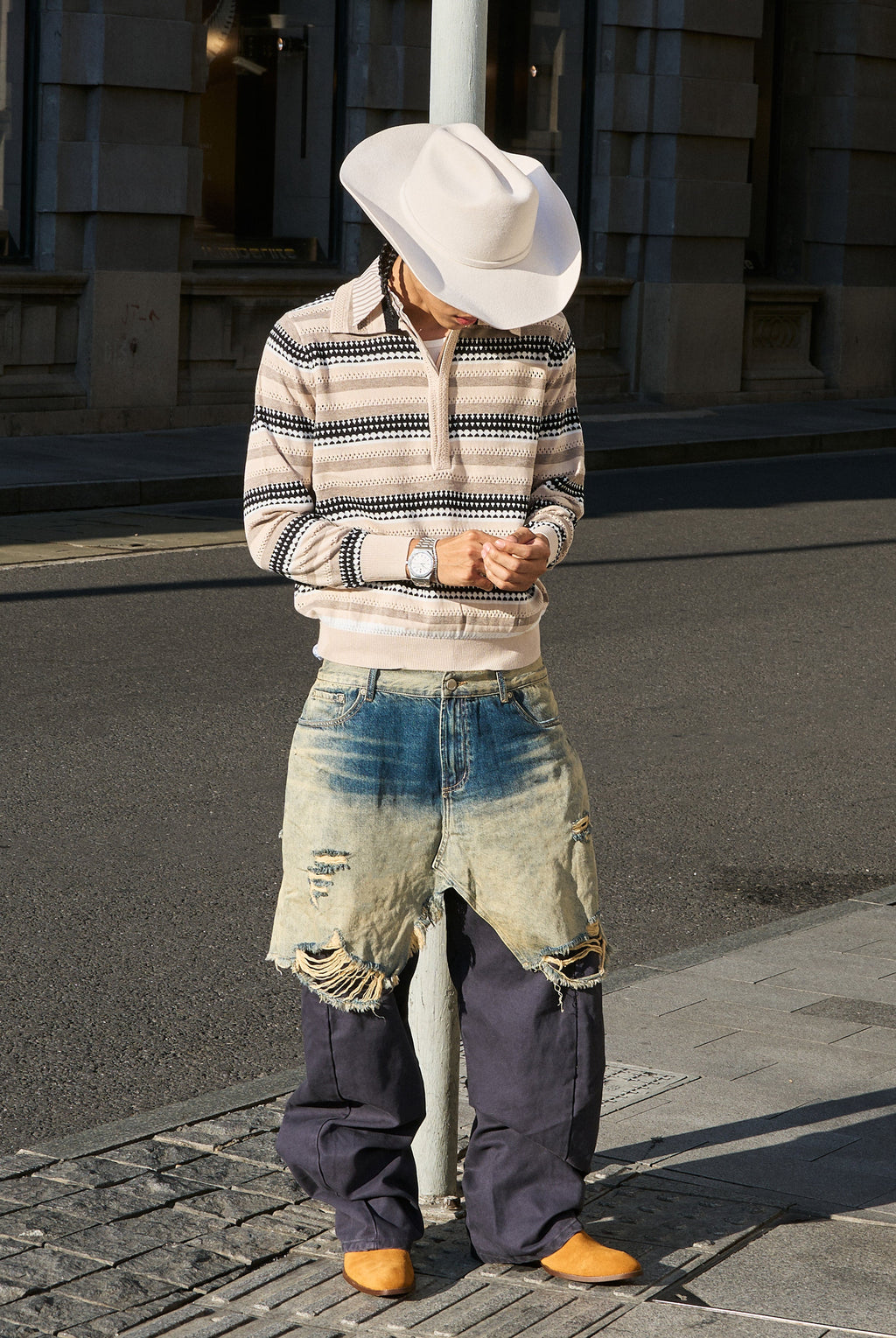 STEEPC Layered Design Washed Distressed Baggy Jeans