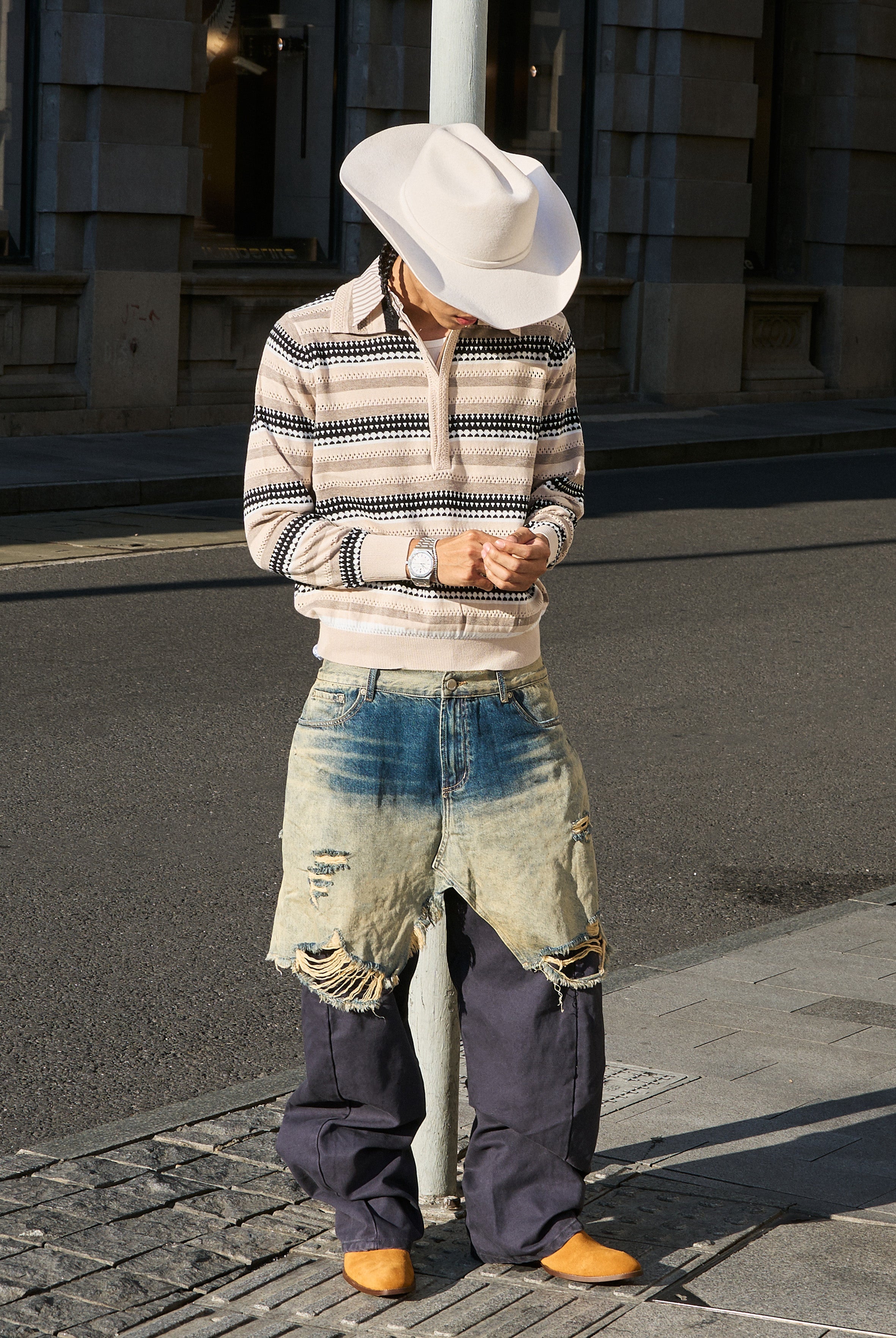 STEEPC Layered Design Washed Distressed Baggy Jeans