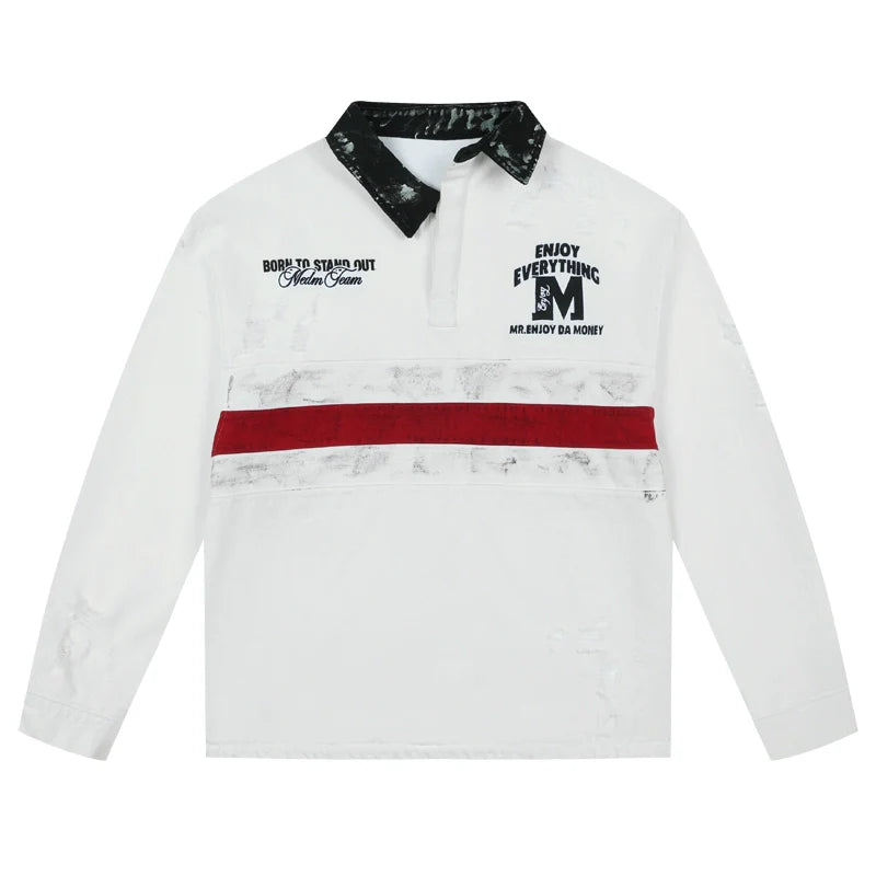 MEDM Asymmetric Collar Stripes Long Sleeve Polo