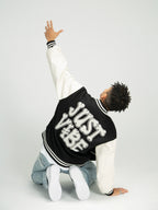 JUST VIBE Terry Embroidered Bone Logo Varsity Jacket