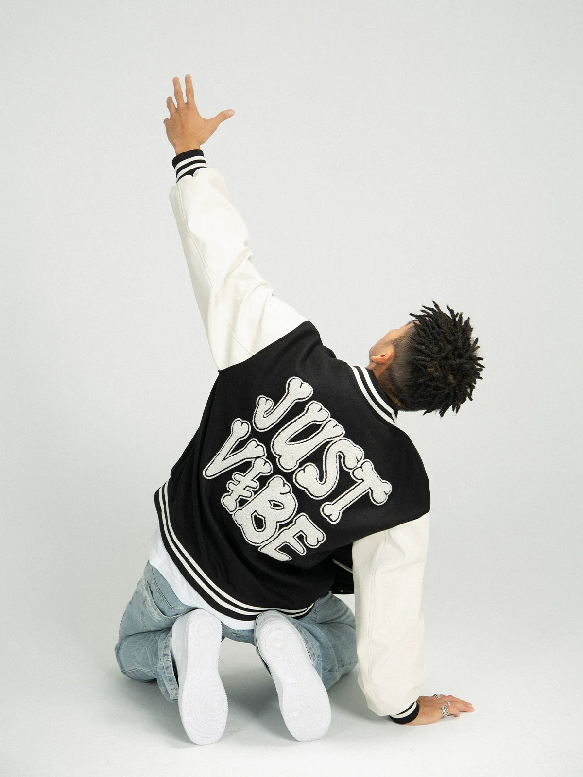 JUST VIBE Terry Embroidered Bone Logo Varsity Jacket