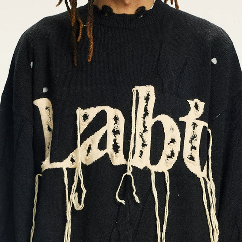 Labt Fringe Lanyard Logo Distressed Knit Sweater