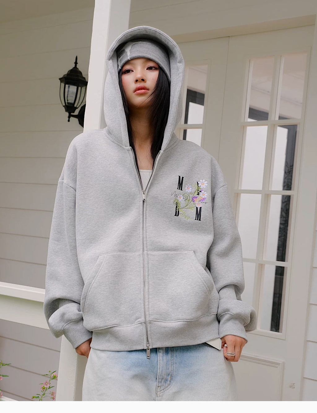 MEDM Floral Logo Embroidered Zip Up Hoodie