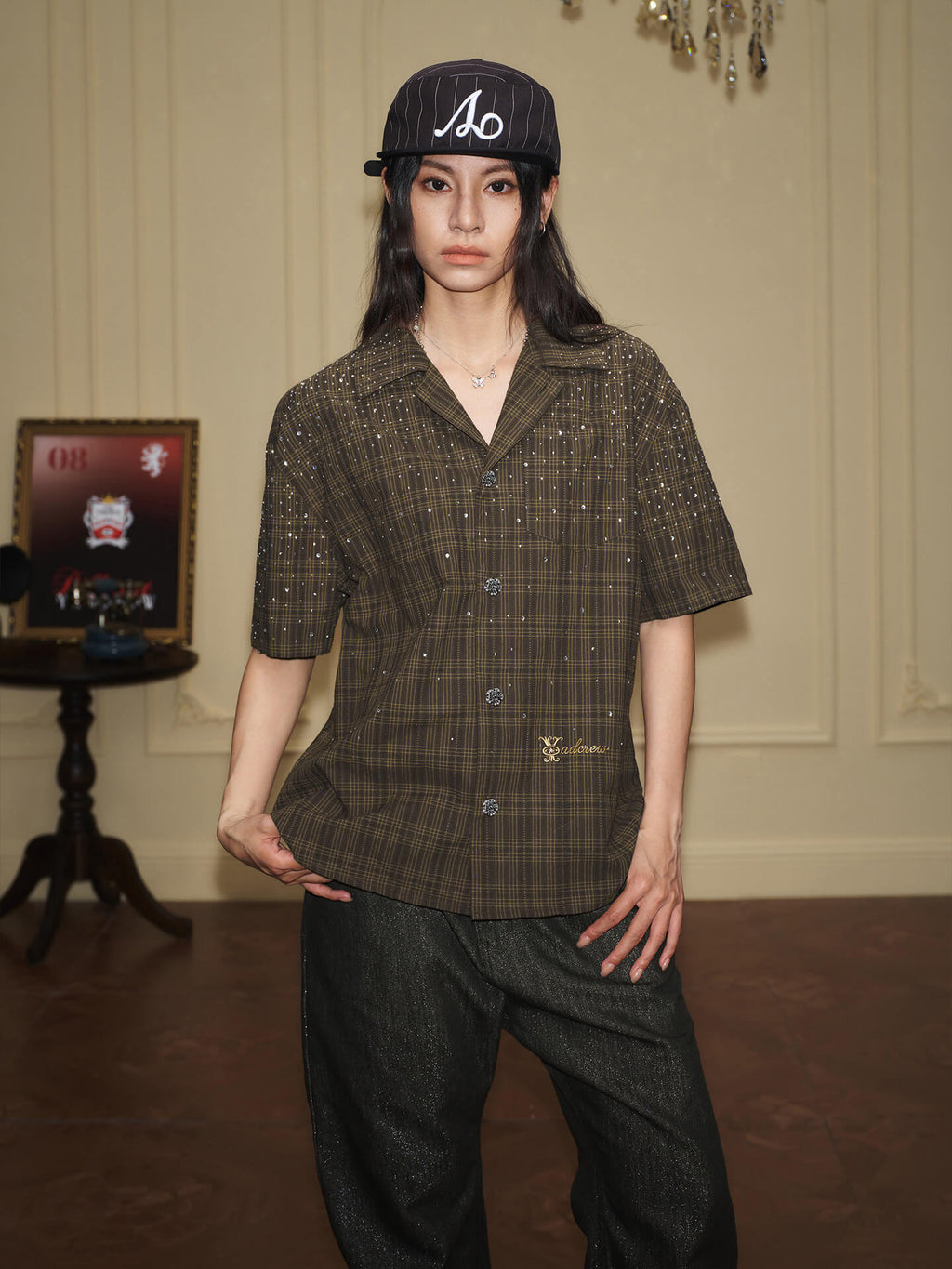 YADcrew Galaxy Rhinestone Plaid Short Sleeve Shirt