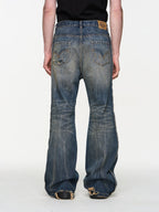 BLIND NO PLAN Blue Washed Whiskered Distressed Bootcut Jeans