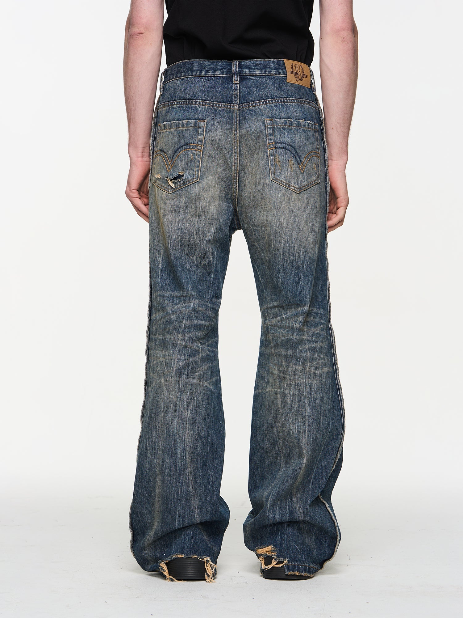 BLIND NO PLAN Blue Washed Whiskered Distressed Bootcut Jeans