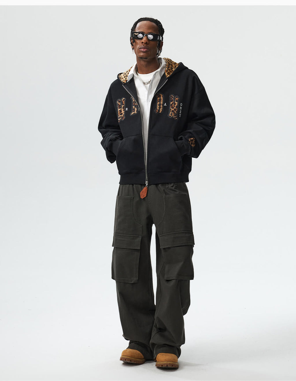 MEDM Leopard Faux Fur Layered Zip Up Hoodie