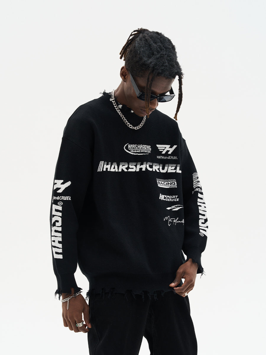 Harsh and Cruel Racing Logo Distressed Knit Sweater