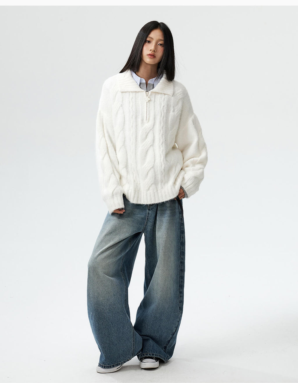 MEDM Cable Knit Half Zip Polo Sweater