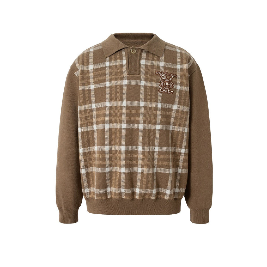 YADcrew Pearl Logo Embroidery Plaid Polo Knit Sweater