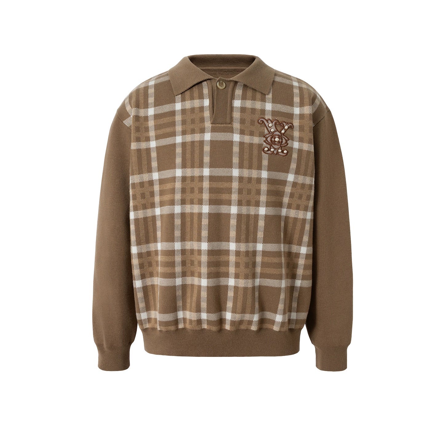 YADcrew Pearl Logo Embroidery Plaid Polo Knit Sweater