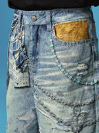 YADcrew Plaid Shirt Chain Photorealistic Print Denim Shorts