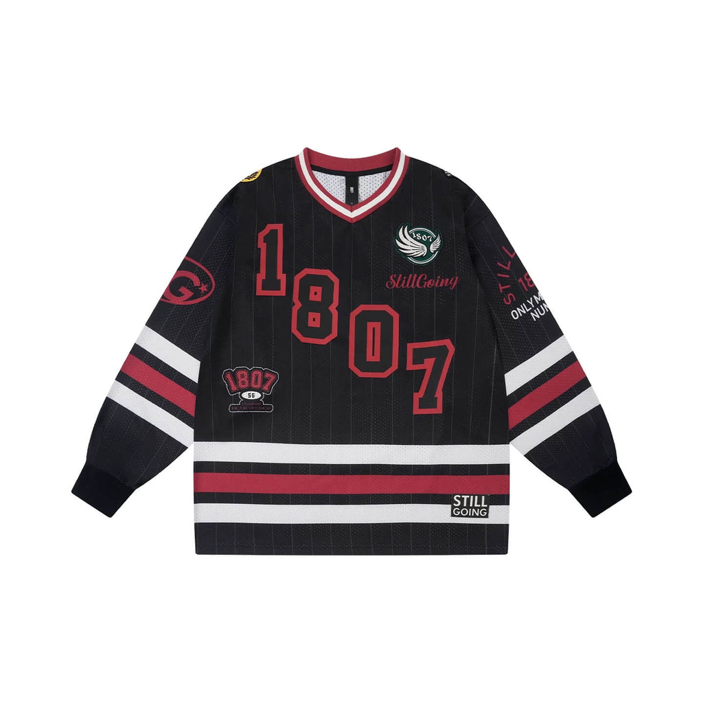 1807 Print Patch V Neck Mesh Long Sleeve Hockey Jersey