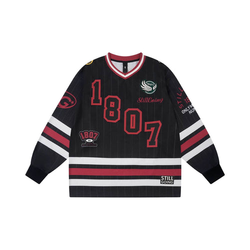 1807 Print Patch V Neck Mesh Long Sleeve Hockey Jersey