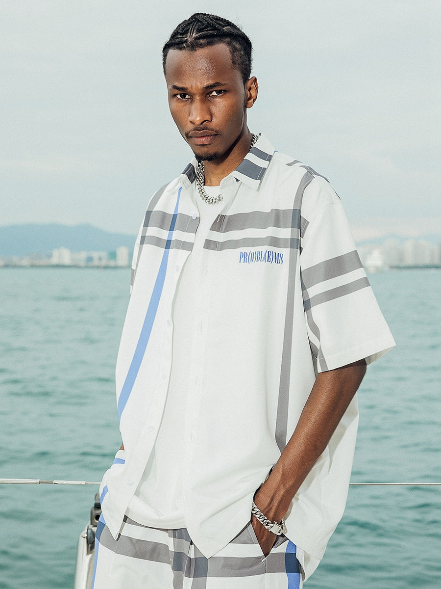 PRBLMS Color Blocking Plaid LOGO Short Sleeved Shirt