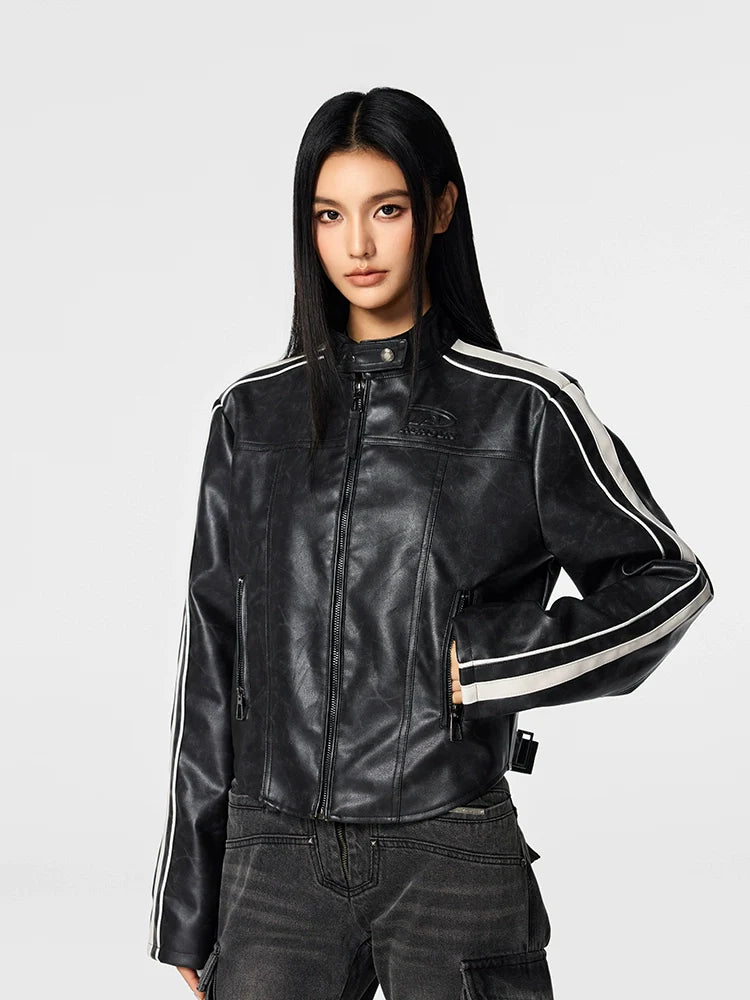 Achock Girls' Striped Leather Short Motorcycle Jacket