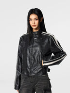 Achock Girls' Striped Leather Short Motorcycle Jacket