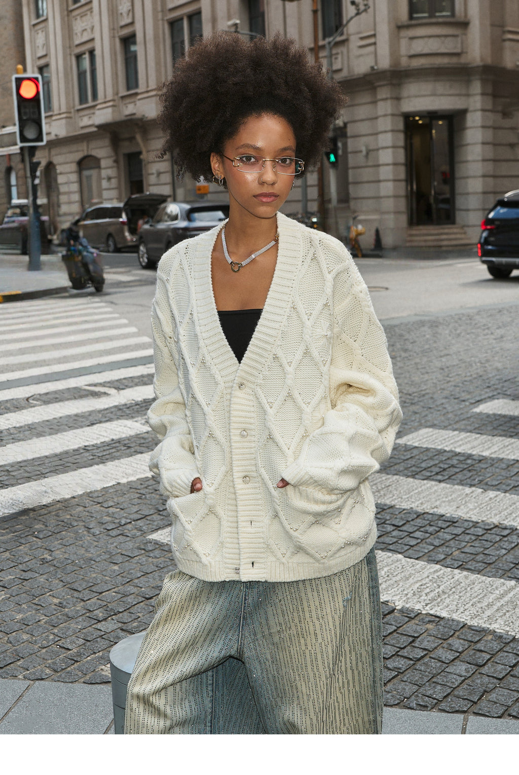 STEEPC Wool Blend Diamond Cable Knit Pearl Cardigan