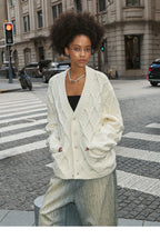 STEEPC Wool Blend Diamond Cable Knit Pearl Cardigan