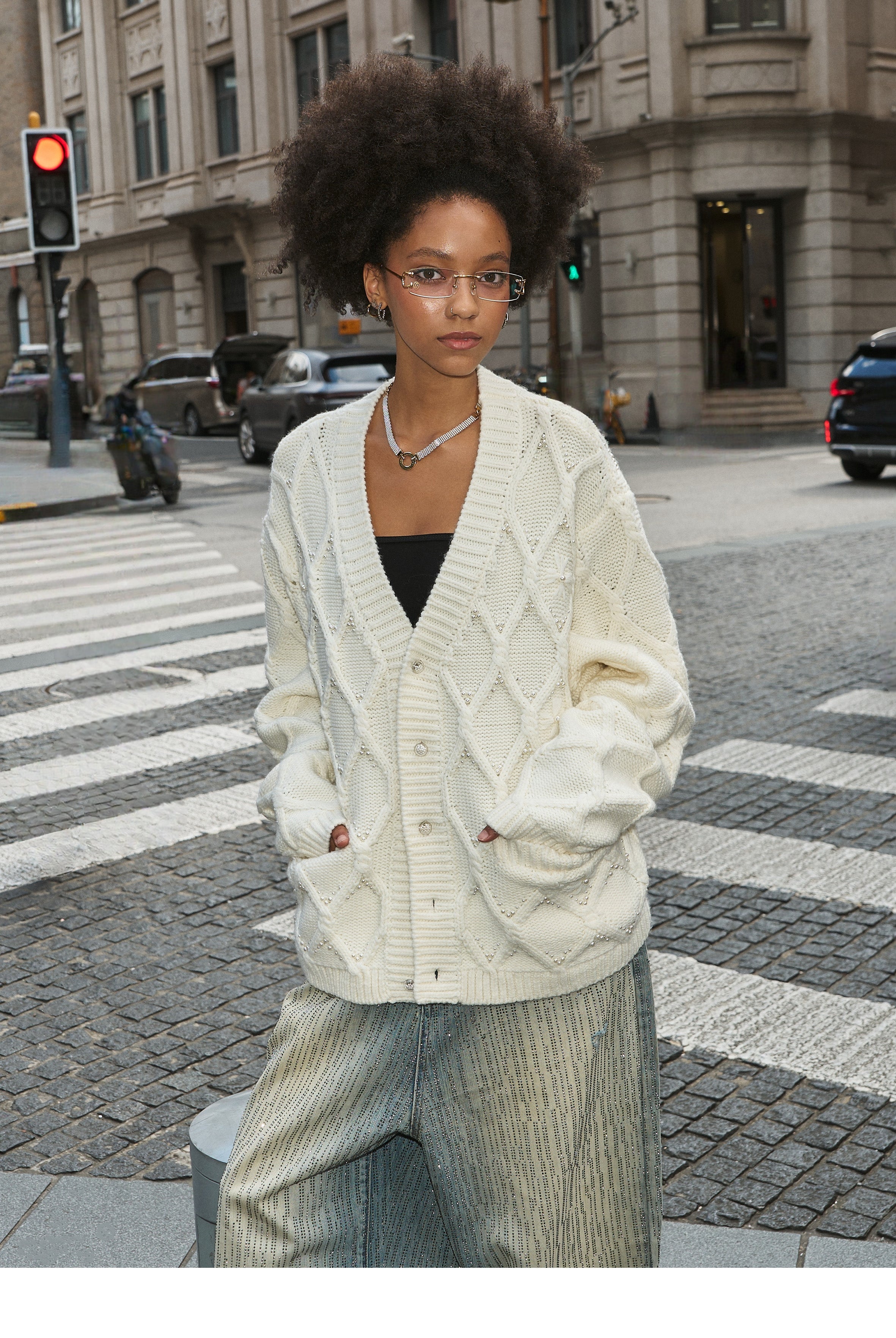 STEEPC Wool Blend Diamond Cable Knit Pearl Cardigan