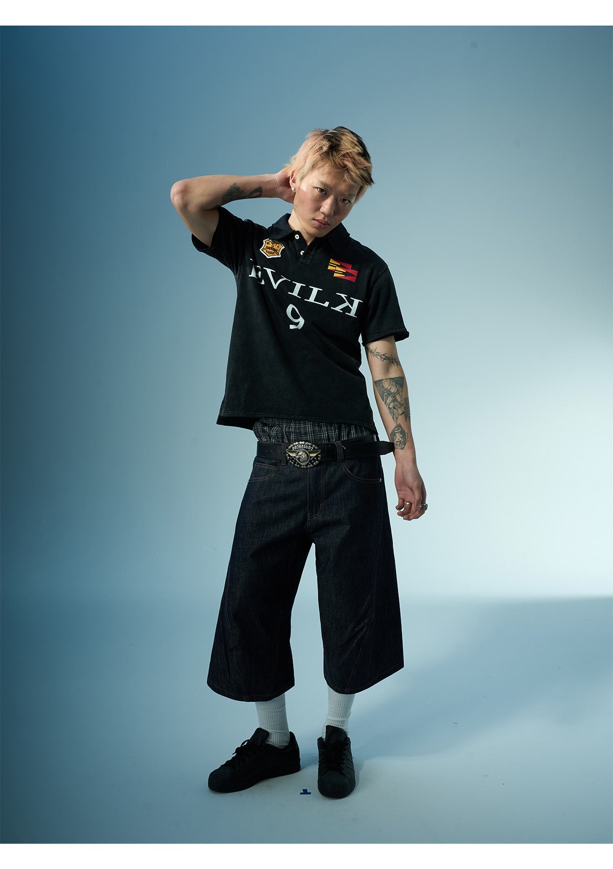 EVILKNIGHT(EK) Embroidered and Logo Printed Washed Polo