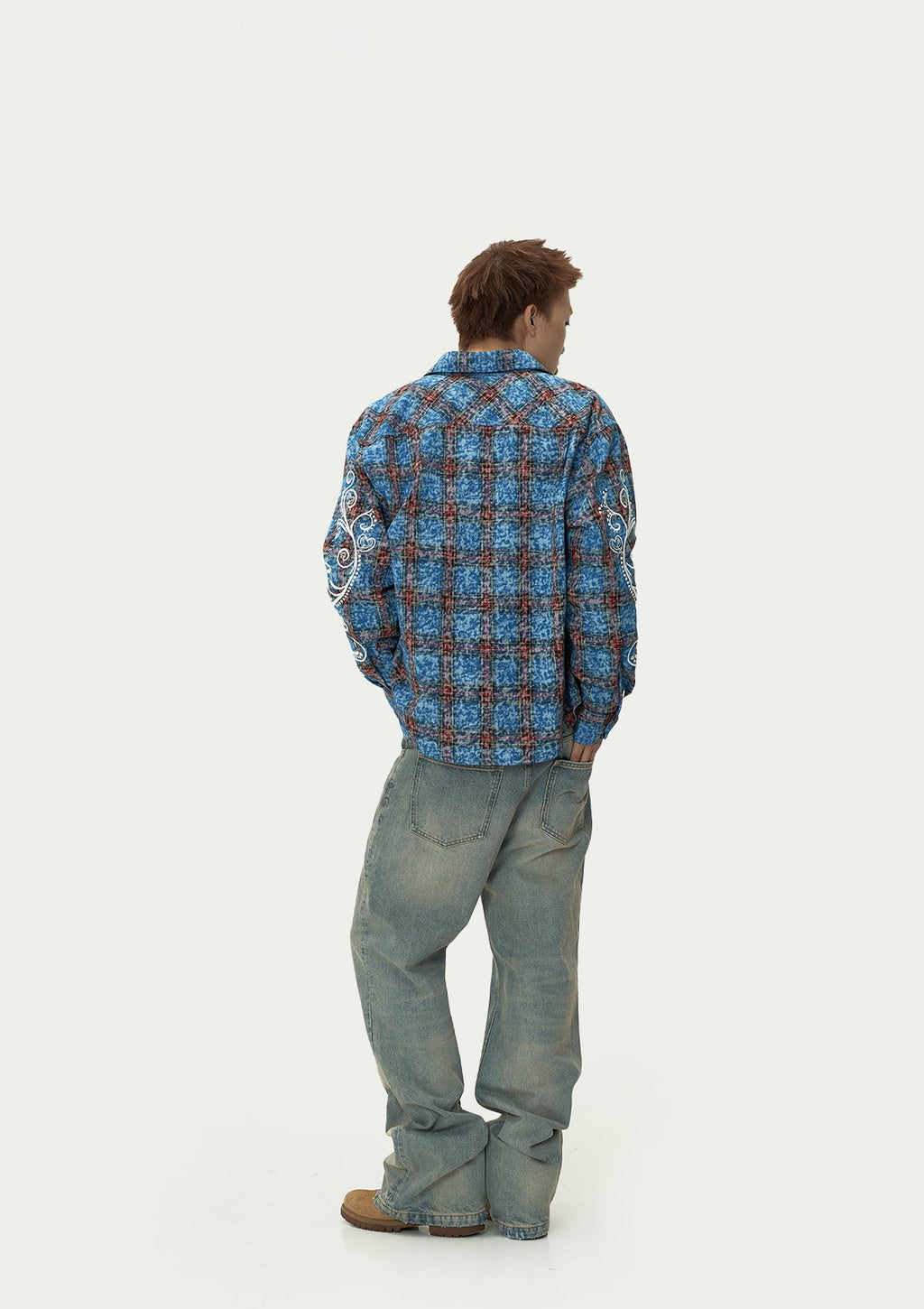 EVILKNIGHT(EK) Floral Embroidered Plaid Long Sleeve Shirt