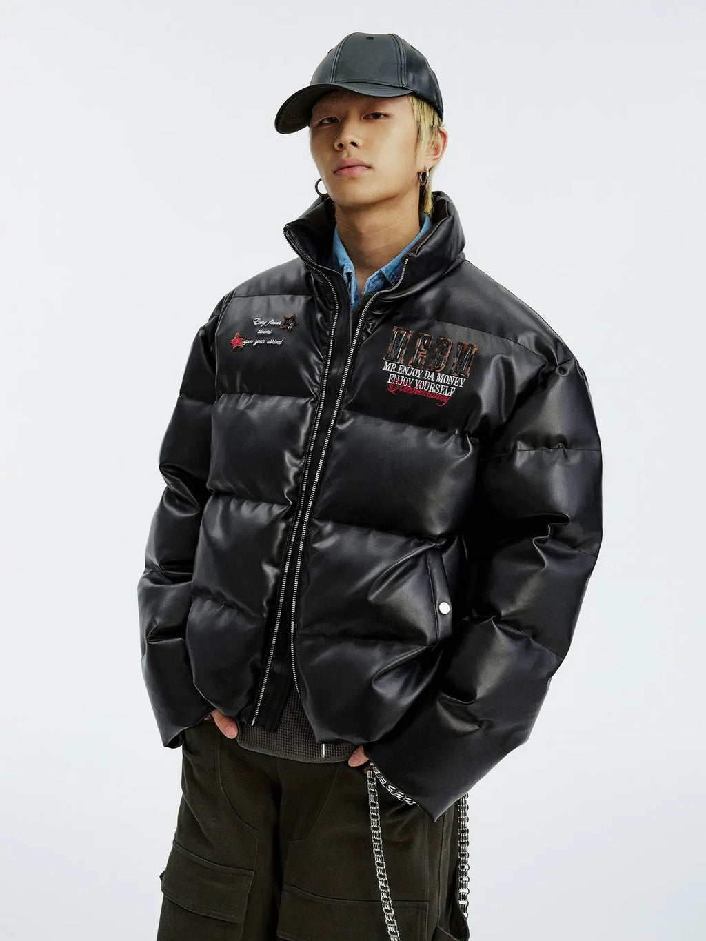 MEDM Leopard Patch PU Leather Puffer Jacket